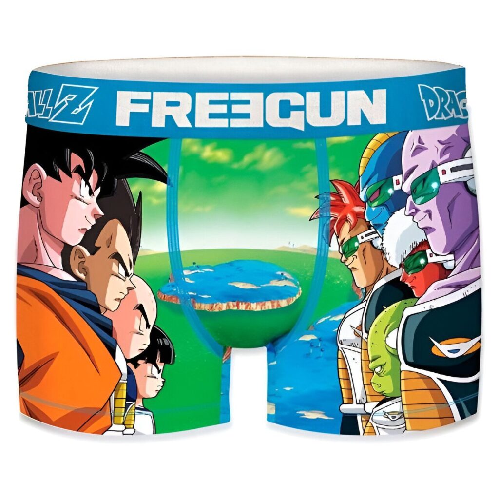 Ce boxer Freegun Dragon Ball Z représente les personnages de la série télévisée japonaise Dragon Ball Z. On y voit Goku, Vegeta, Piccolo, Gohan et Krilin d'un côté, et Freezer, Cell et Boo de l'autre.,CA-007062416X,CA-7338782334,CA-5984416476,CA-8570629745,CA-841080445X