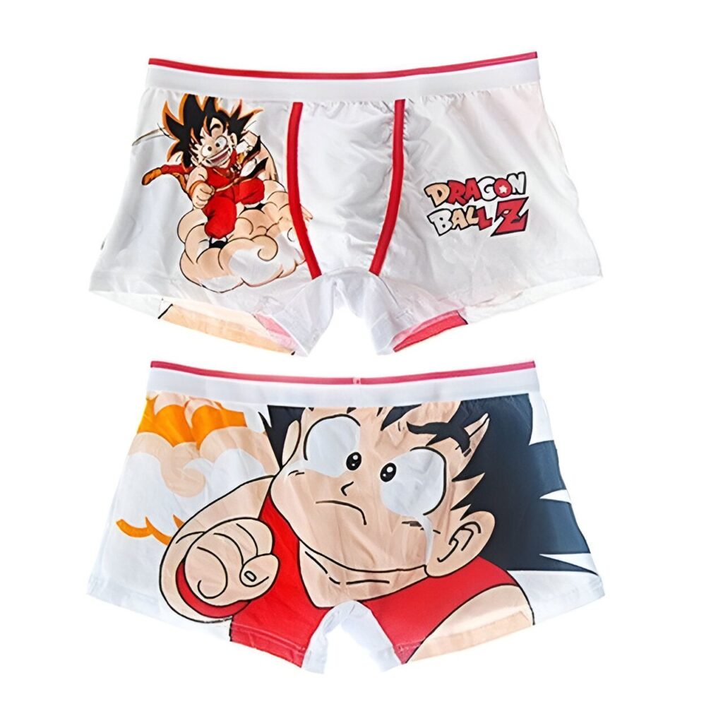 Ce caleçon blanc présente un motif de Son Goku, un personnage de la série animée Dragon Ball Z. Il est vêtu de son costume orange et bleu et est en train de se battre.,CA-2163783898,CA-7296729406,CA-8512848162