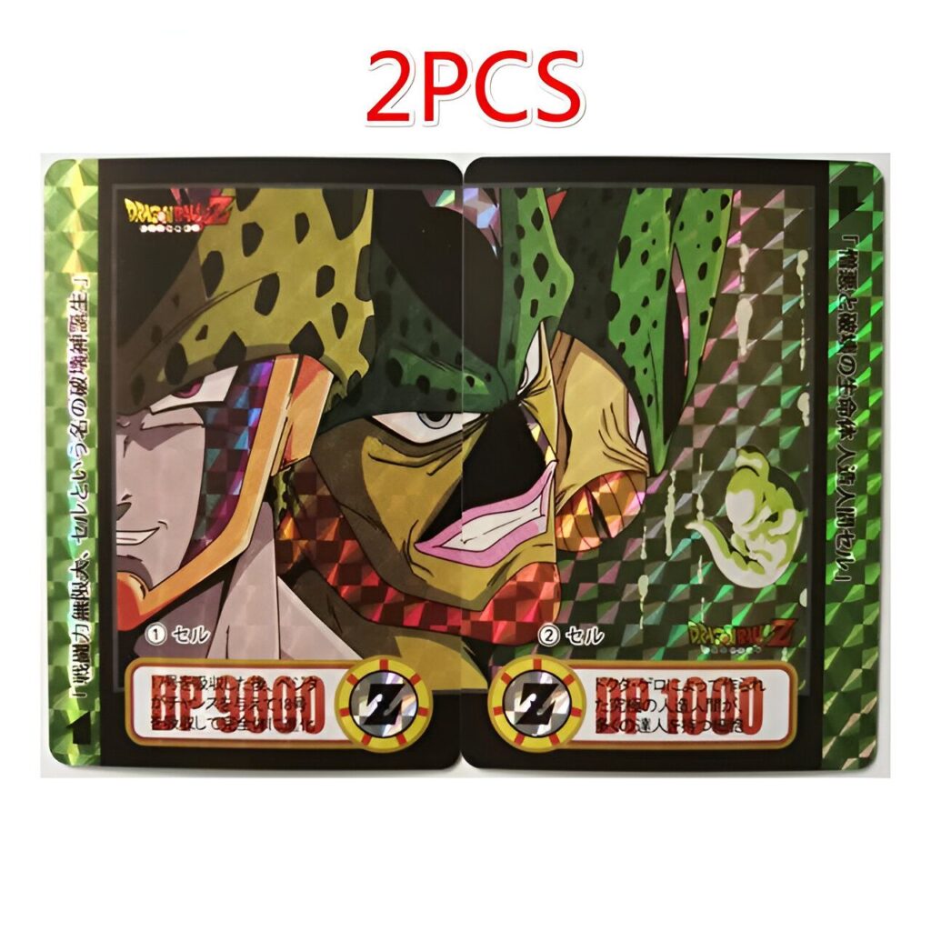 Deux cartes à collectionner Dragon Ball Z mettant en scène le personnage de Cell. La première carte montre Cell dans sa première forme, avec une tête verte et un corps jaune. La deuxième carte montre Cell dans sa deuxième forme, avec une tête verte et un corps vert. Les deux cartes sont entourées d'une bordure dorée.,CA-0333321707,CA-7241678656