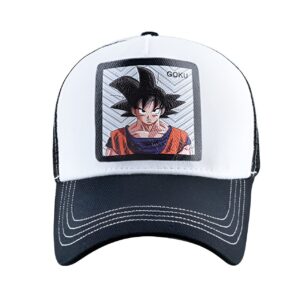 Une casquette de baseball noire et blanche avec une image de Son Goku, un personnage de la série animée Dragon Ball Z.,CA-2207357899,CA-8884814251,CA-7212216933,CA-0823207196,CA-9663691697,CA-8628877878