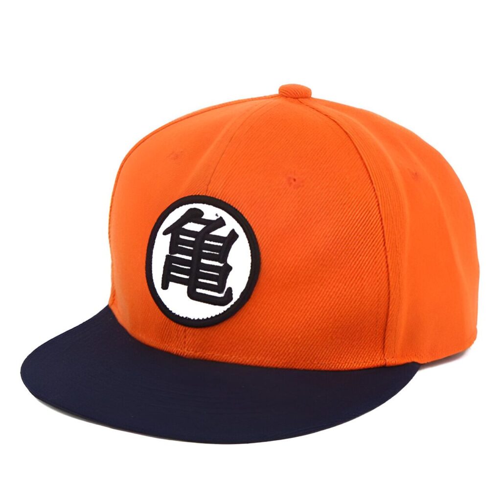 Une casquette orange et bleu avec le logo de Dragon Ball Z.,CA-7871837524,CA-2428790528,CA-7011930930
