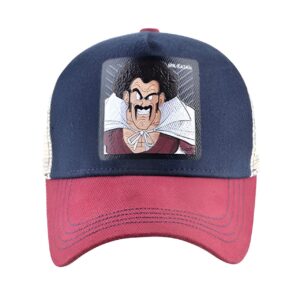 Une casquette de baseball rouge et bleu avec une image de Mr. Satan, un personnage de Dragon Ball Z.,CA-110115716X,CA-097803578X,CA-7568963330,CA-6872386738,CA-732604371X,CA-0924270403