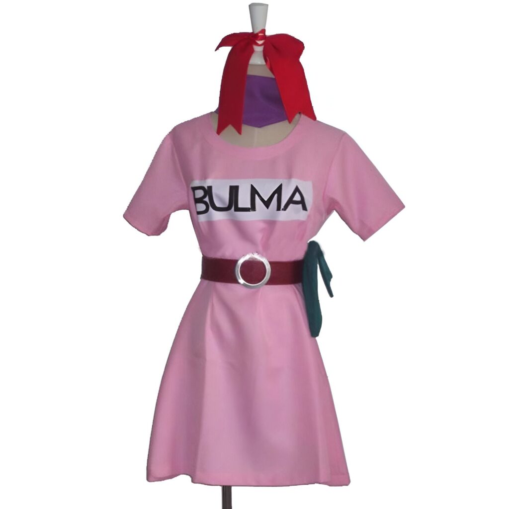 Une image d'une robe rose avec une ceinture verte et un nœud rouge dans les cheveux. Le texte "Bulma" est écrit sur la poitrine de la robe.,DS-1687299196,DS-1754015395,DS-6271128335,DS-0841930619,DS-5328783115,DS-7416510236