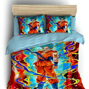 Une image de Son Goku, un personnage de la série animée Dragon Ball Z. Il est représenté en train de se tenir debout, les poings serrés, prêt à se battre. L'arrière-plan est bleu et orange.,HO-4349990542,HO-0008814139,HO-007328629X,HO-2661920714