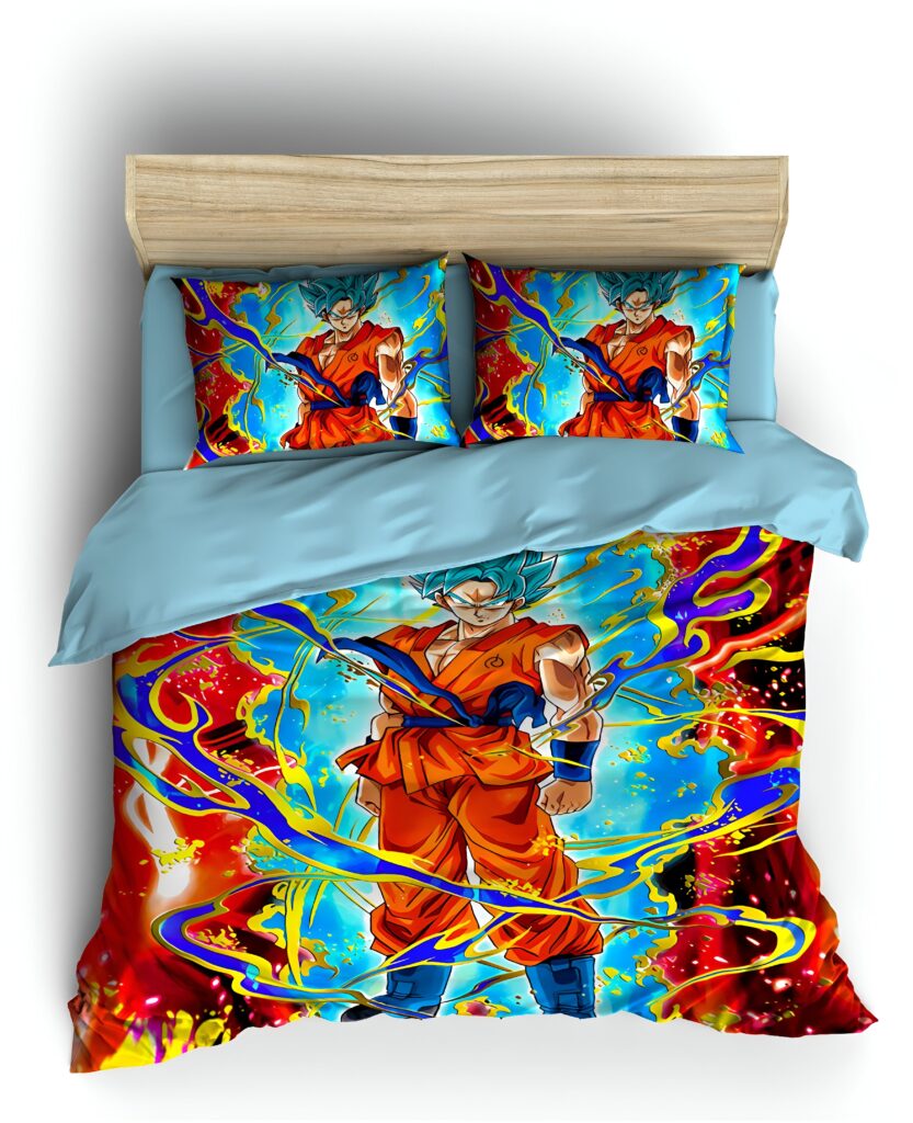 Une image de Son Goku, un personnage de la série animée Dragon Ball Z. Il est représenté en train de se tenir debout, les poings serrés, prêt à se battre. L'arrière-plan est bleu et orange.,HO-4349990542,HO-0008814139,HO-007328629X,HO-2661920714