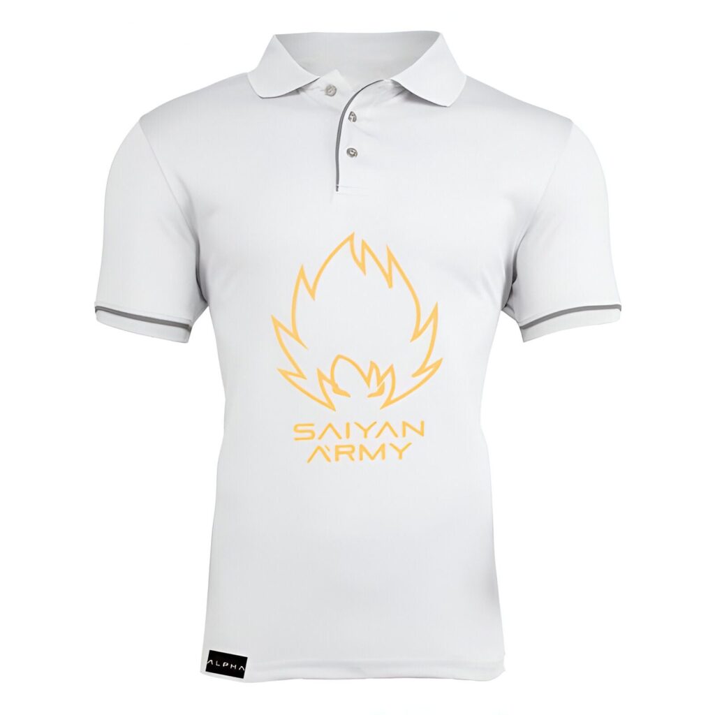 Le t-shirt blanc a un col polo et des manches courtes. Il y a un logo "Saiyan Army" jaune sur la poitrine.,PO-7809058452,PO-4264298857,PO-576410758X,PO-0063242672,PO-9371498056,PO-3848263939,PO-4998604805,PO-1510561668,PO-7416125464,PO-3632486476,PO-4232973451,PO-1630188115,PO-6024203403,PO-5619304426,PO-5870704243,PO-1239395841