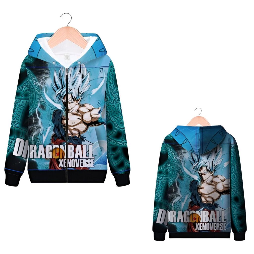 Une image d'un sweat à capuche Dragon Ball Xenoverse bleu avec une image de Son Goku en Super Saiyan Blue.,SW-4942715024,SW-9193390882,SW-2370003901,SW-4399143703,SW-5073188284,SW-3315872392,SW-0438014790