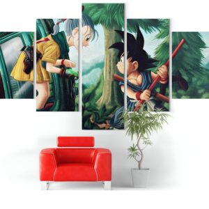 Une image de Son Goku et Bulma dans la forêt. Bulma est dans une voiture verte et Goku est à l'extérieur. Il tient un bâton dans sa main droite et porte une ceinture orange. Bulma a les cheveux bleus et porte une combinaison jaune.,TA-9086415466,TA-4857651017,TA-9900944895,TA-0669953768