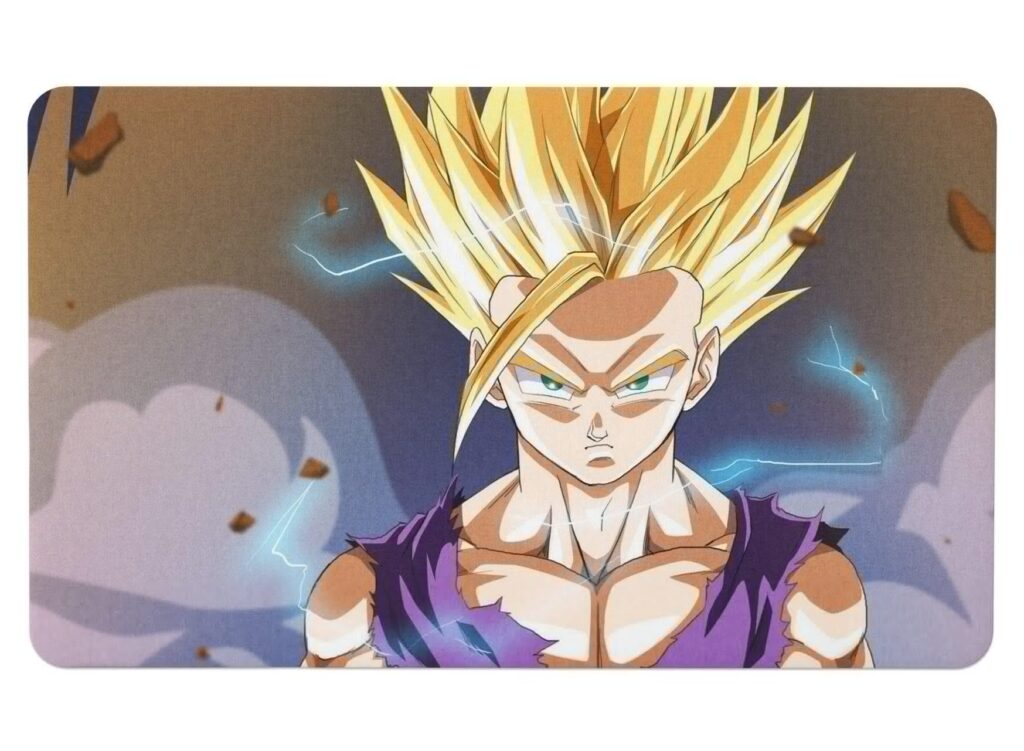 L'image représente un personnage de dessin animé aux cheveux jaunes et aux yeux bleus. Il porte une combinaison violette et regarde vers la droite. Il semble être en colère et prêt à se battre. En arrière-plan, on peut voir des éclairs et des nuages.,TA-9288804048,TA-2145654763