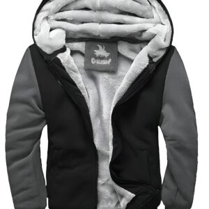Une veste noire à capuche avec des manches grises. La capuche est doublée de fourrure grise. Il y a une fermeture éclair sur le devant.,VE-242958557X,VE-2858004846,VE-9271821513,VE-0828760993,VE-1857571754,VE-3249154598,VE-0734531141
