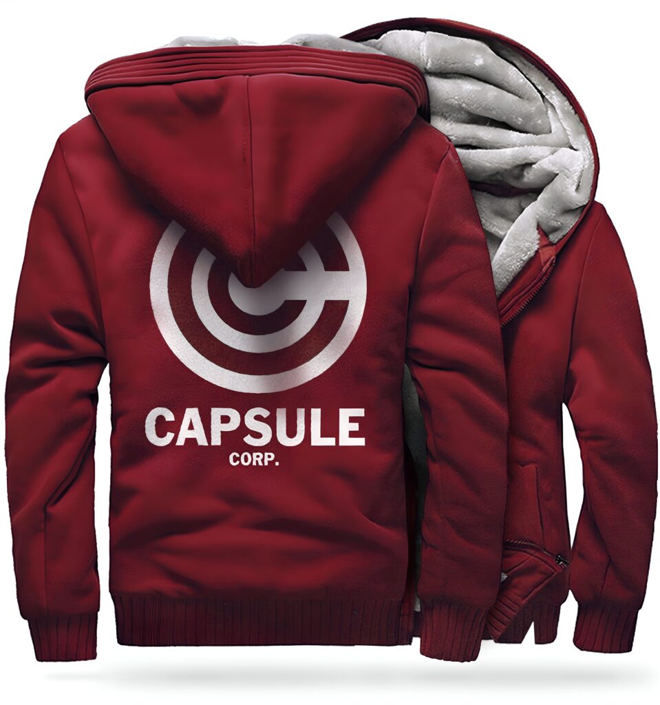 Une image d'un sweat à capuche rouge avec le logo Capsule Corp.,VE-5858051324,VE-5641914975,VE-1066537763,VE-7544588157,VE-7679564418,VE-9263498180,VE-8893244616