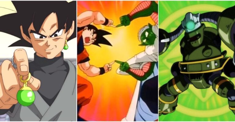 Illustration représentant l'évolution de la fusion entre Dragon Ball Z et Dragon Ball Super, boucles Potara et danse de fusion